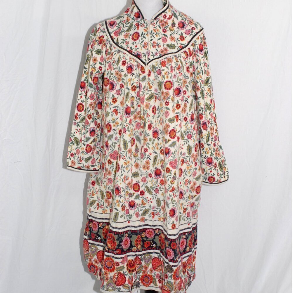 Vintage House Dress Nightgown Made in USA Tommies Womens Floral Cream Red Green